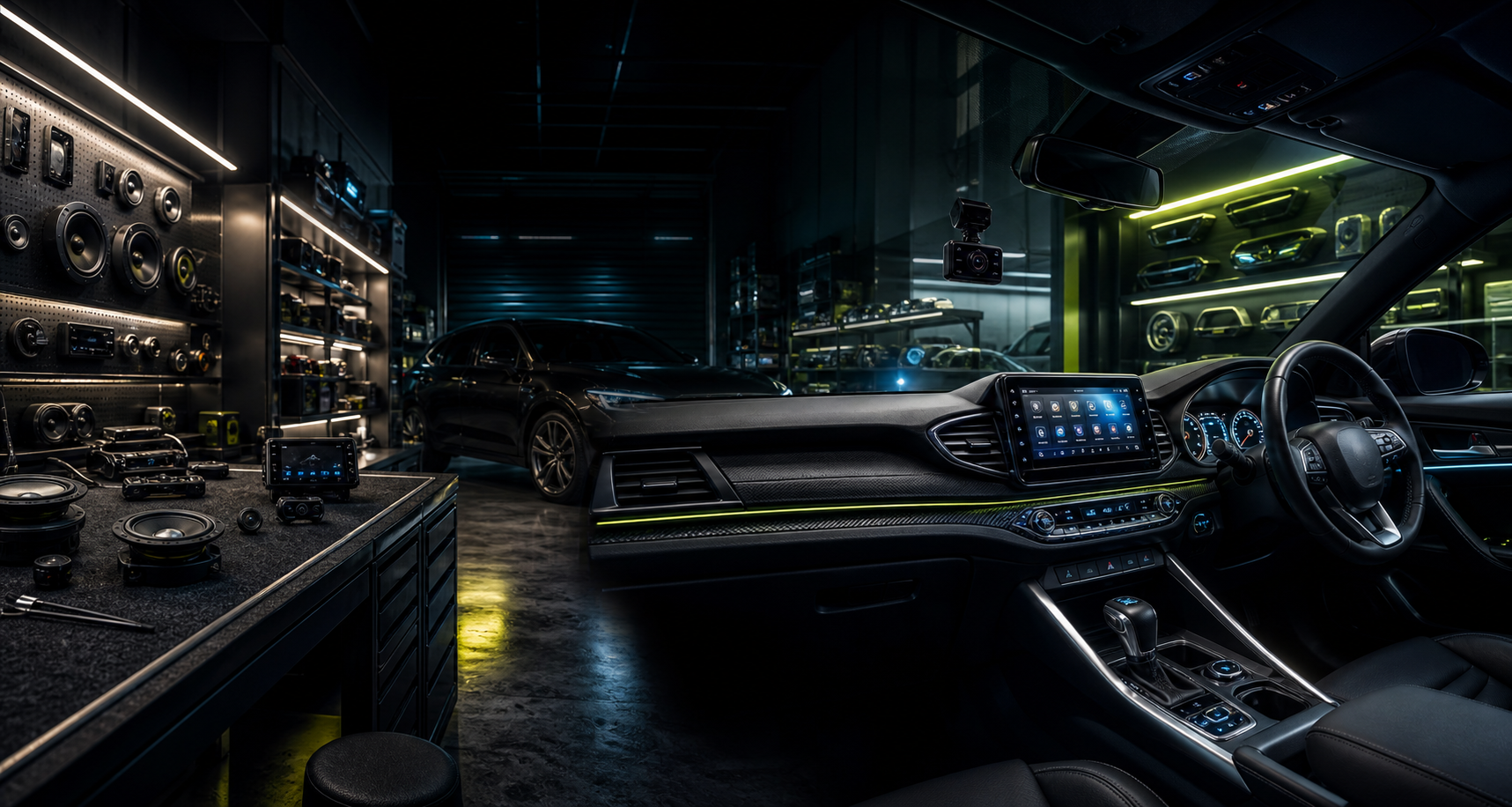 Dark premium car accessories installation bay